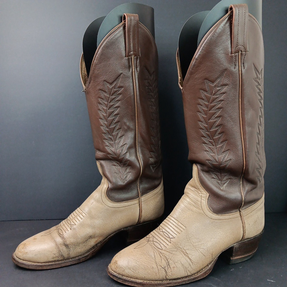 Sanders 2 Tone Bull Hide Leather Cowboy Boots Men's Size 7.5 D Style MEXICO - Picture 3 of 15